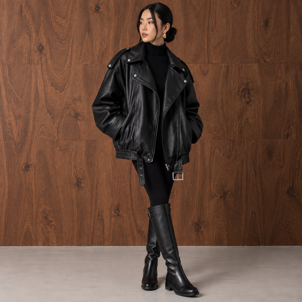 Blouson effet cuir noir femme oversize style biker avec ceinture