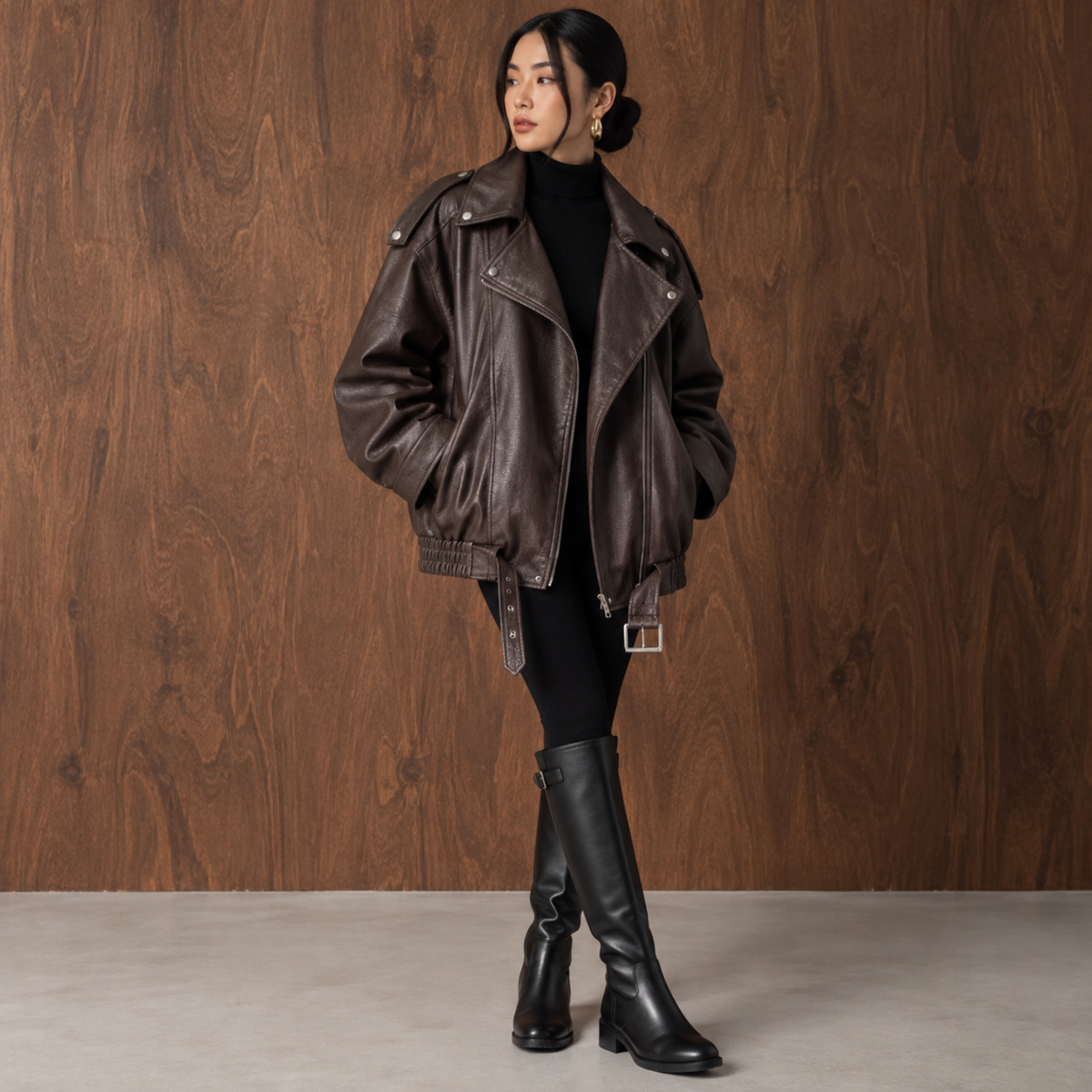 Blouson oversize effet cuir marron chocolat femme coupe loose ultra tendance