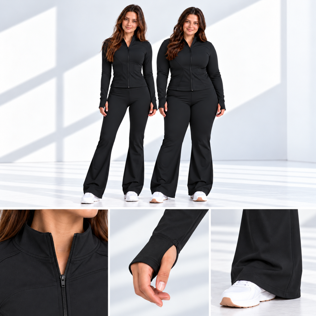Détails ensemble sportswear noir extensible avec passe-pouce et pantalon évasé