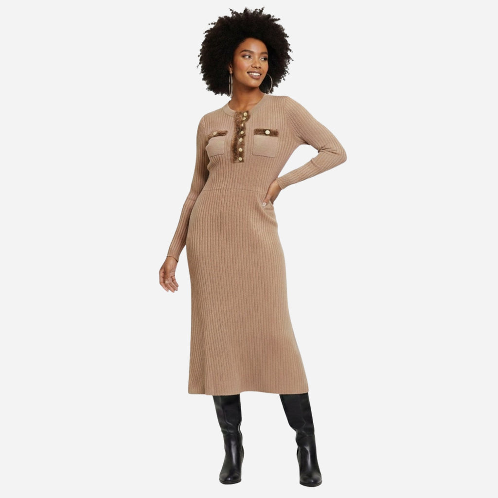 Robe pull femme en maille beige