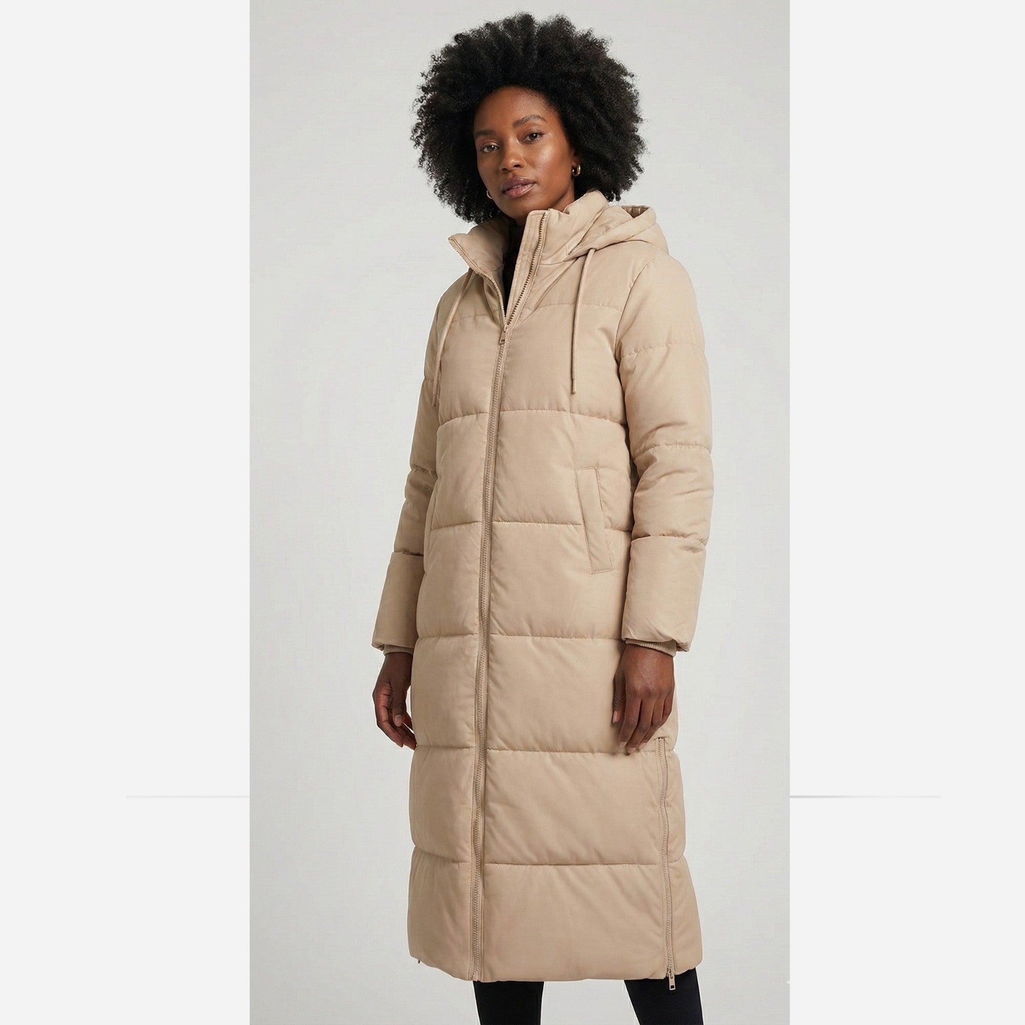 Doudoune longue femme beige à capuche
