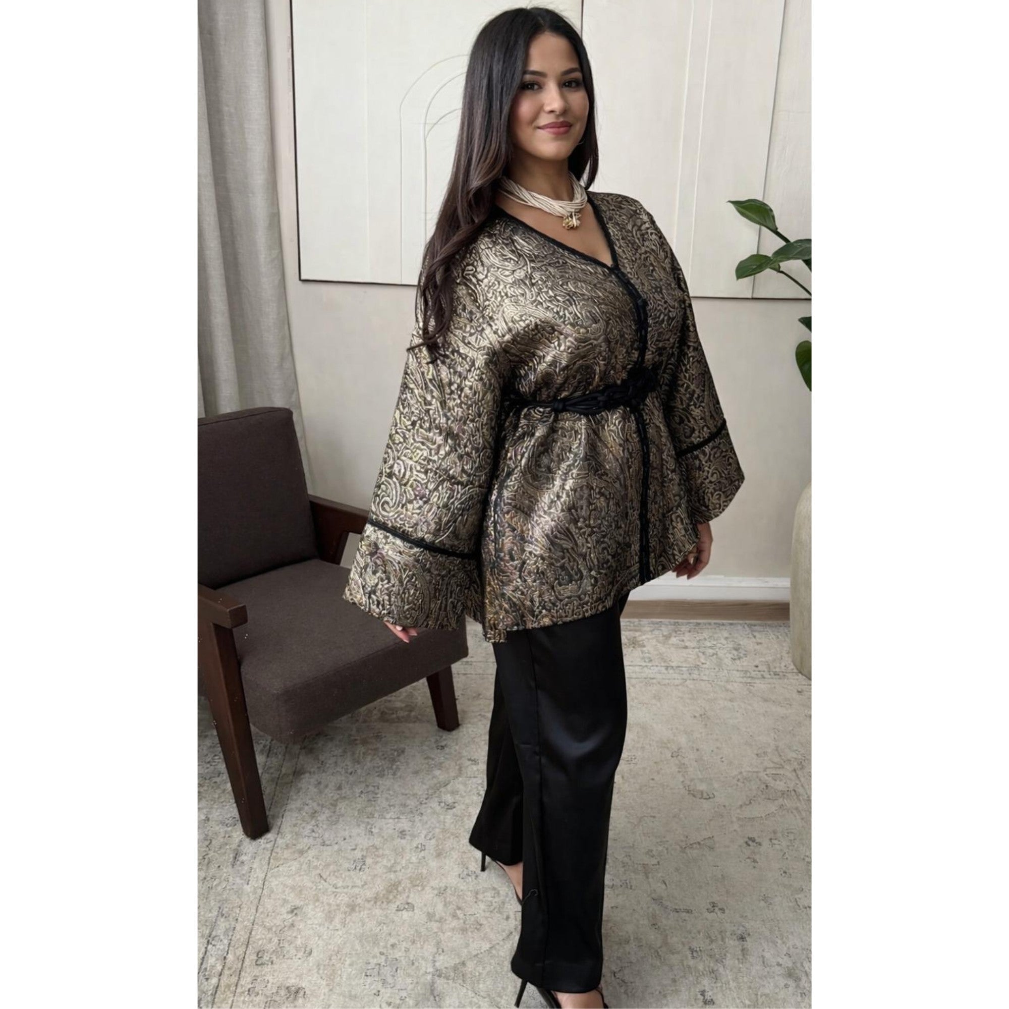 Ensemble pantalon brocart noir 3 pièces