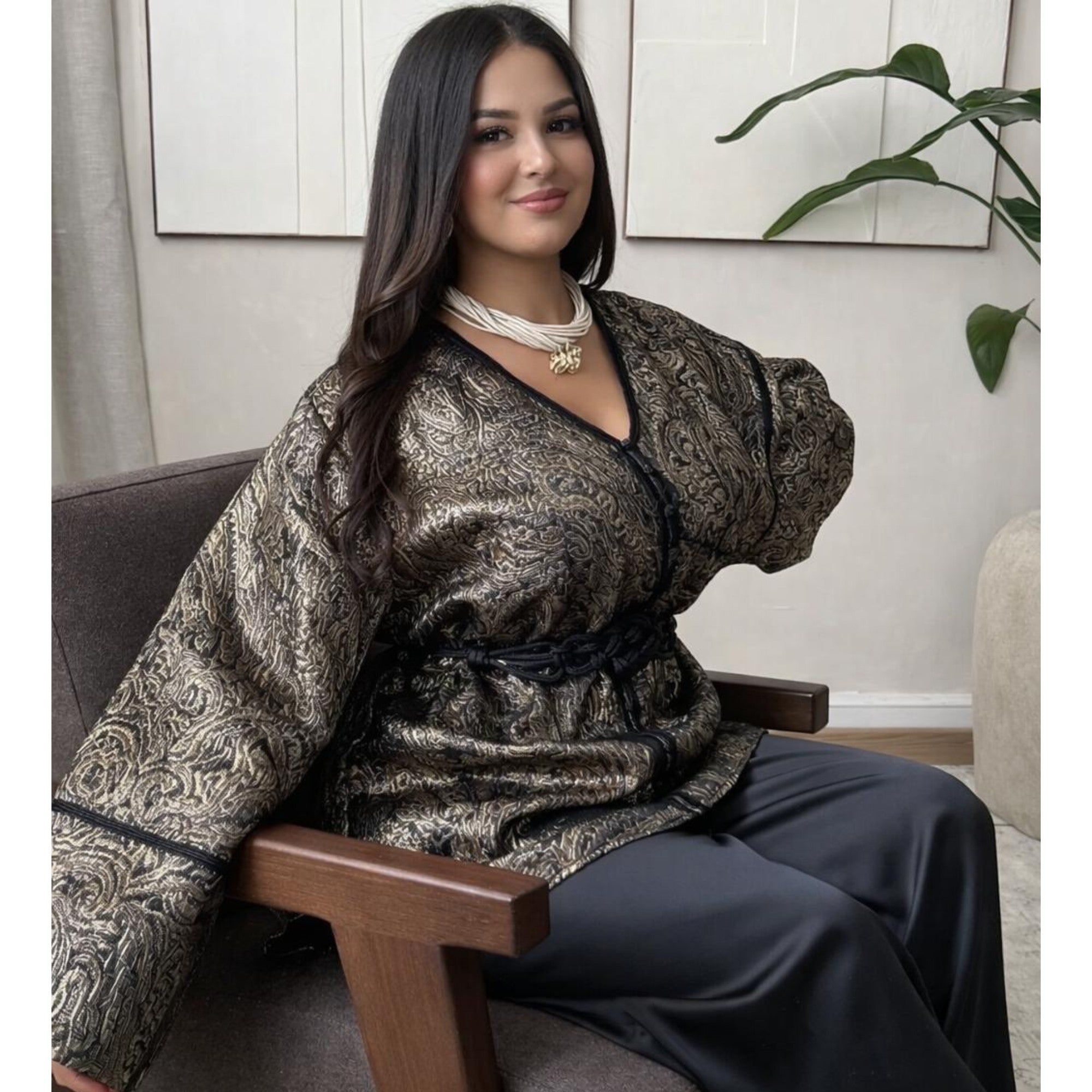 Ensemble pantalon brocart noir 3 pièces