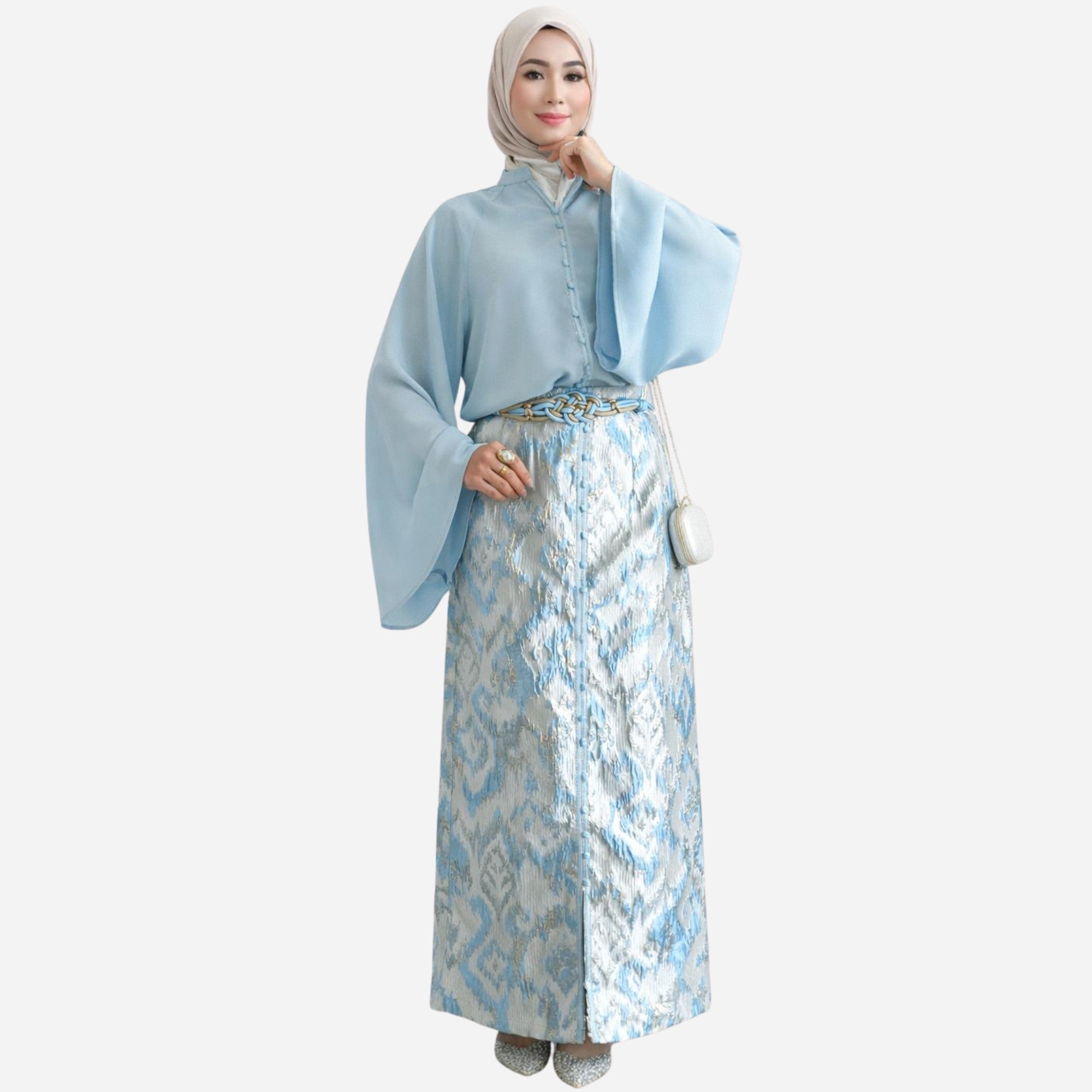 Ensemble jupe brocart bleu ciel 3 pièces