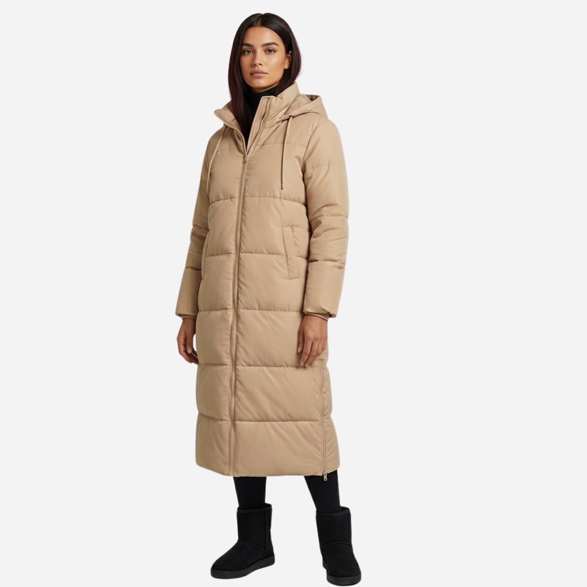 Doudoune longue femme beige à capuche