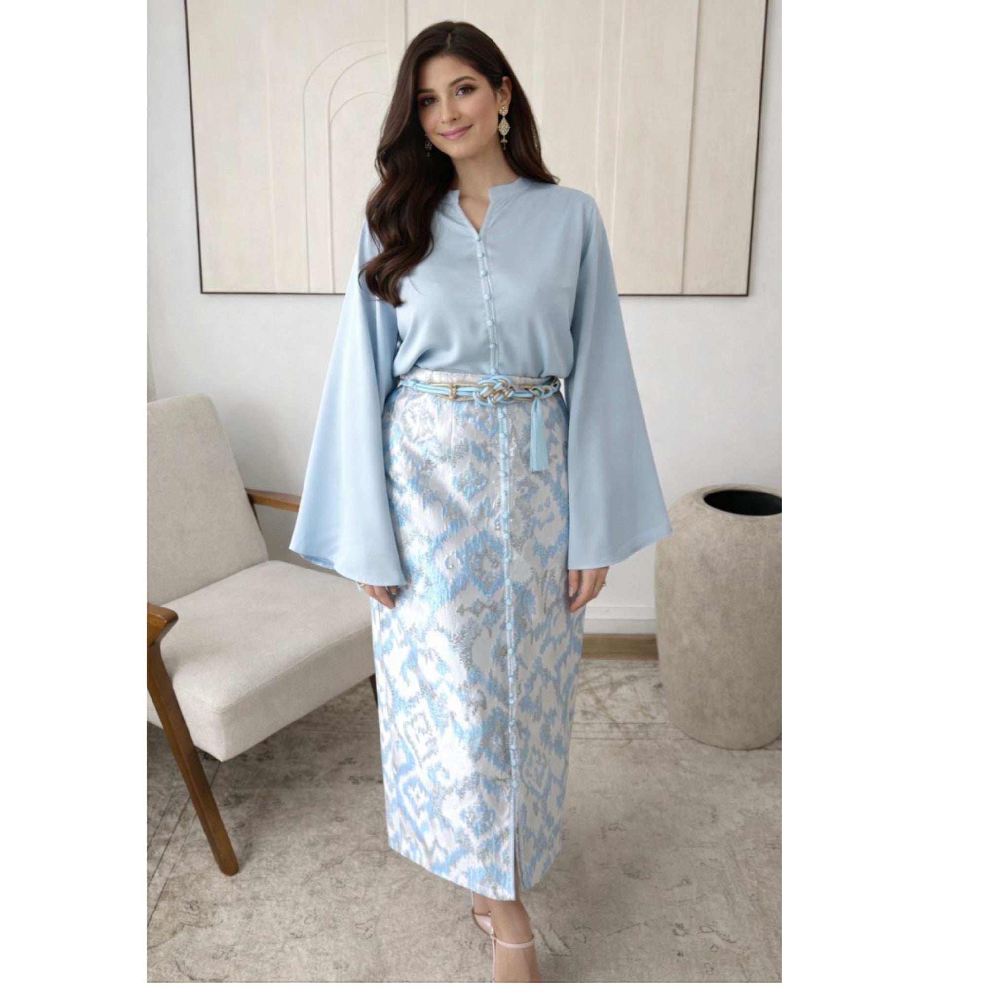 Ensemble jupe brocart bleu ciel 3 pièces