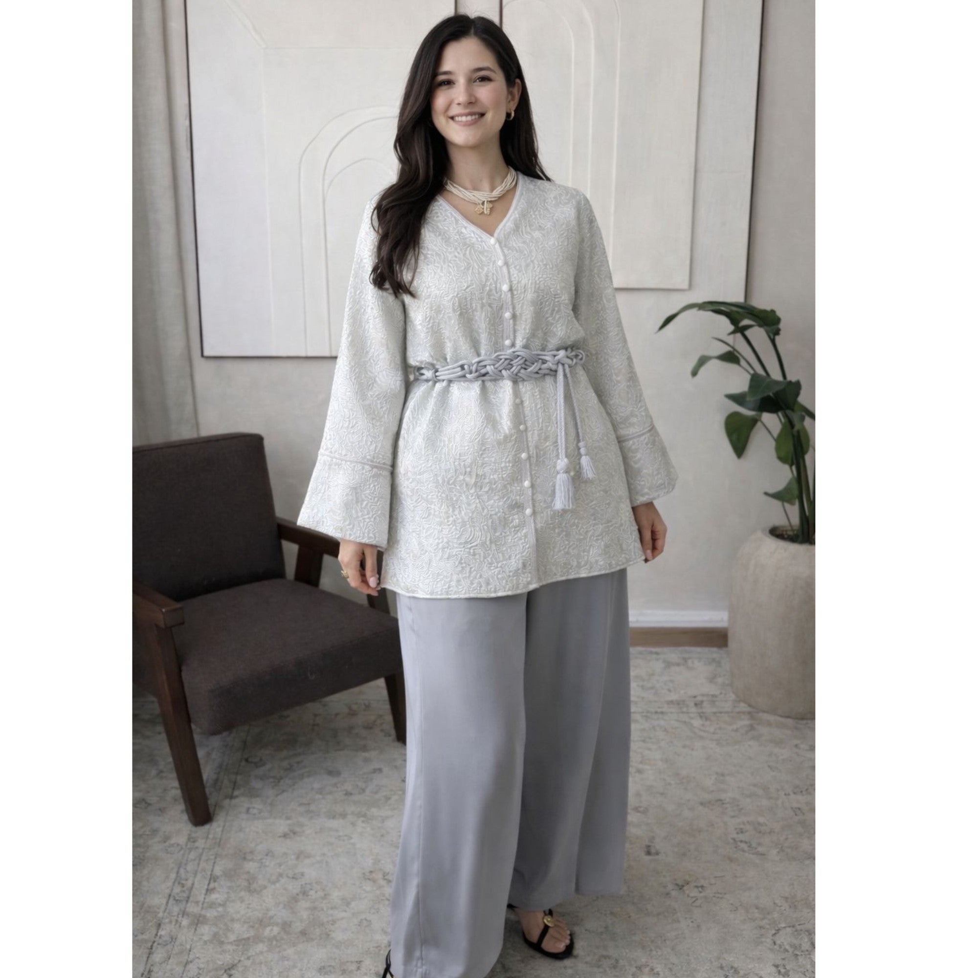 Ensemble pantalon brocart argenté gris 3 pièces