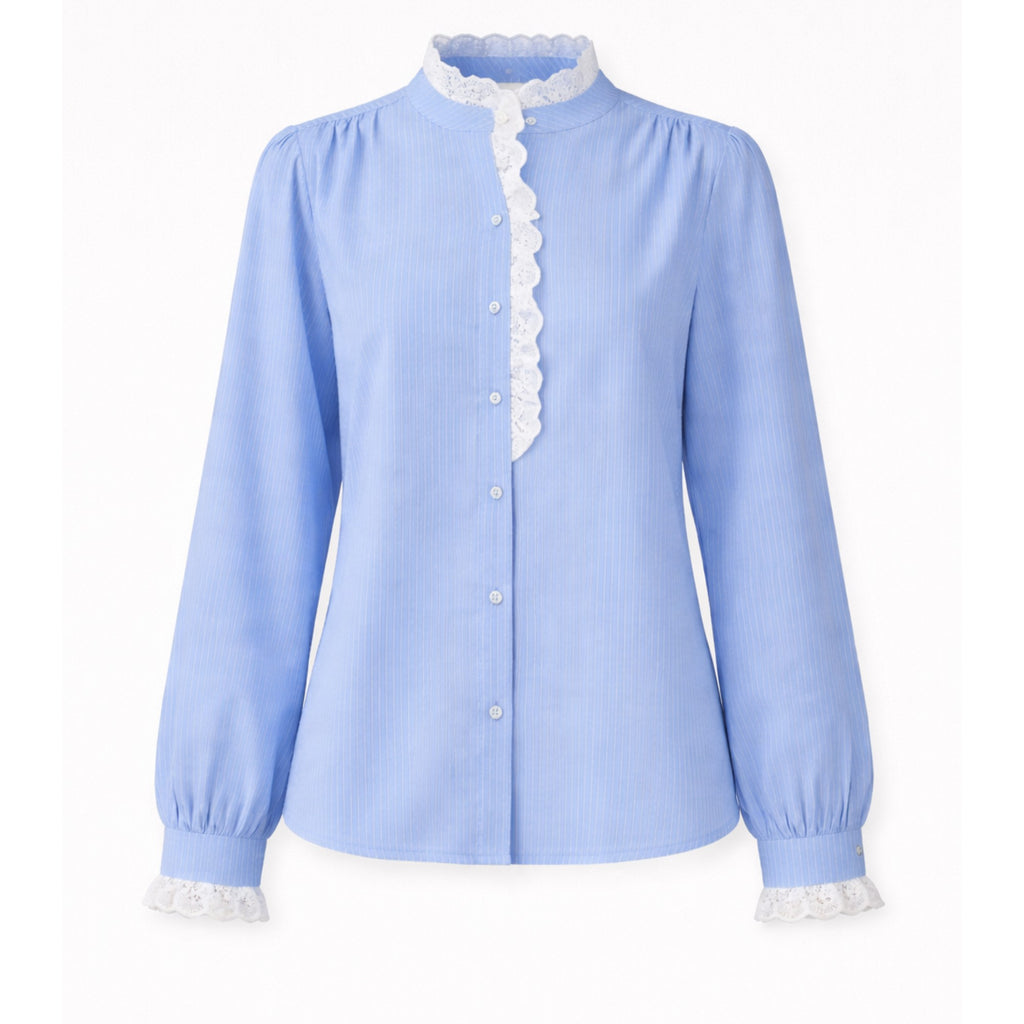 Chemise brodée bleue à fines rayures