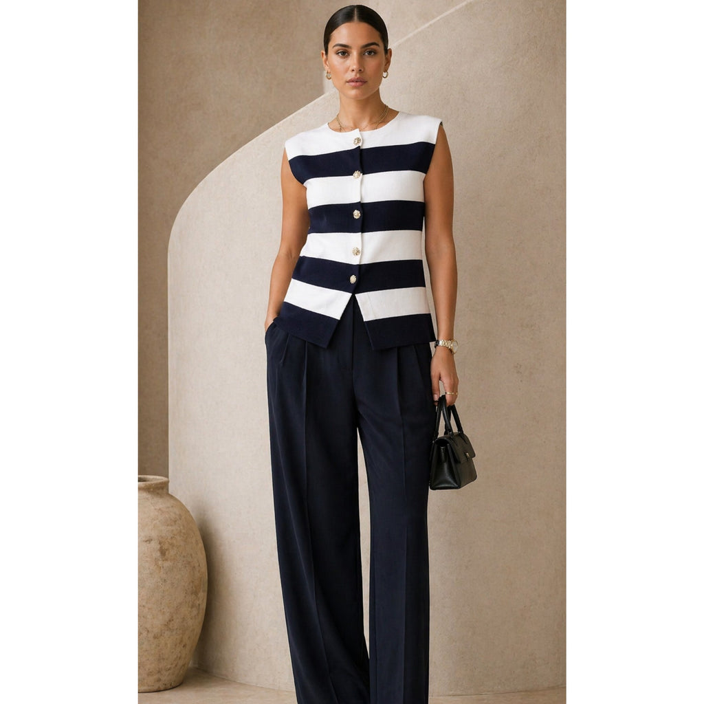 Top maille sans manches marinière – bleu marine & blanc