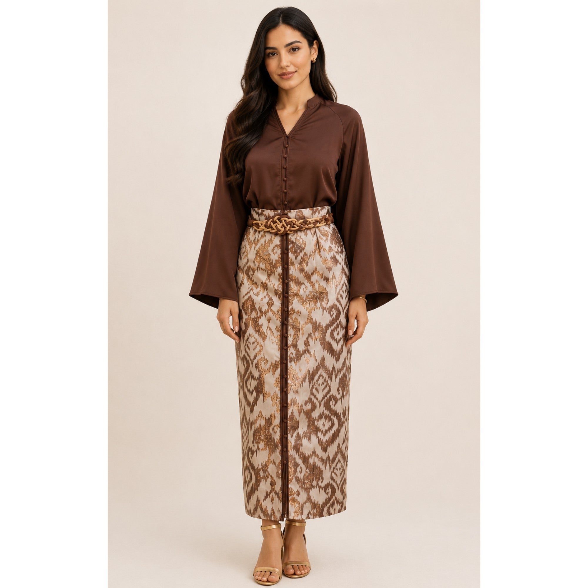 Ensemble jupe brocart marron 3 pièces