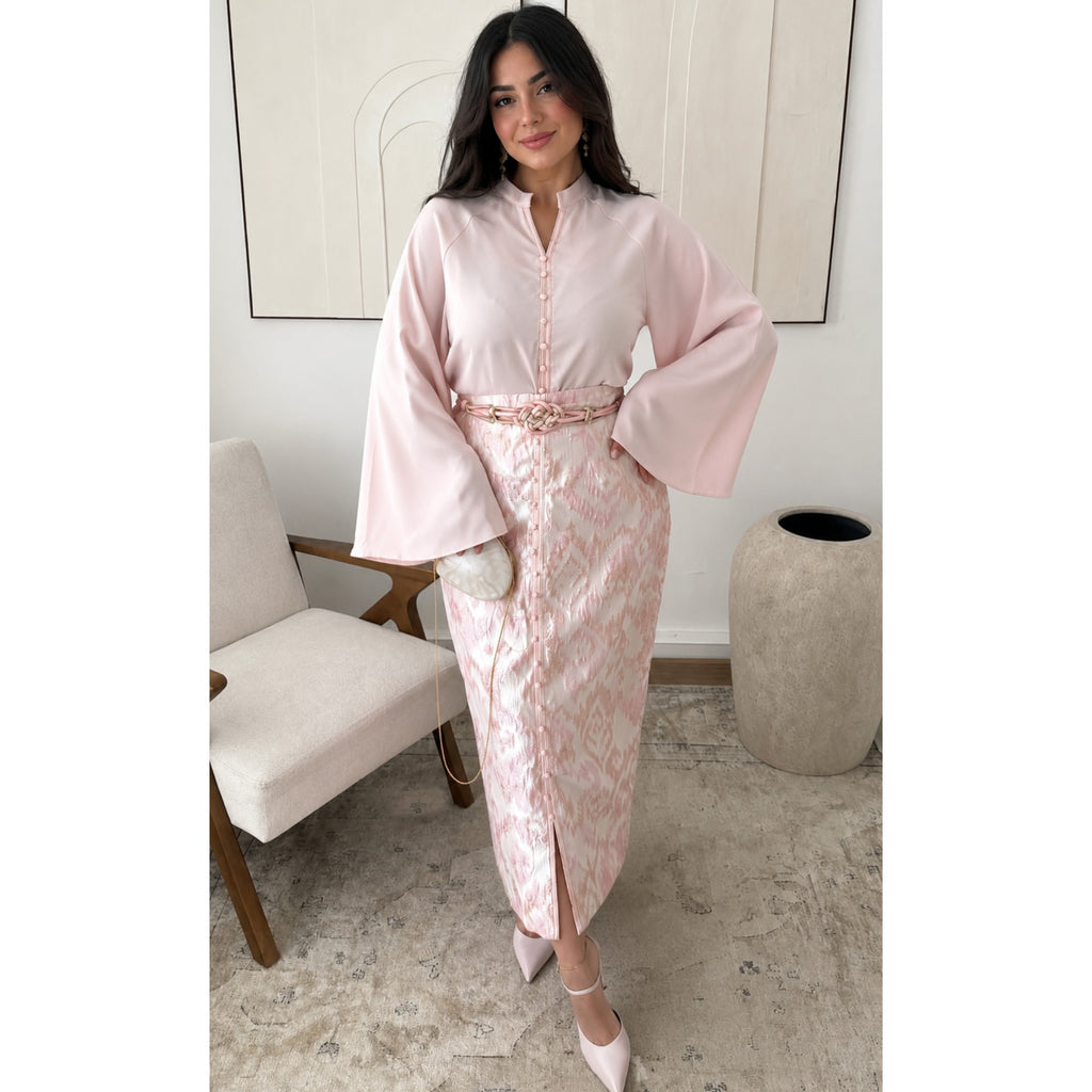 Ensemble jupe brocart rose 3 pièces