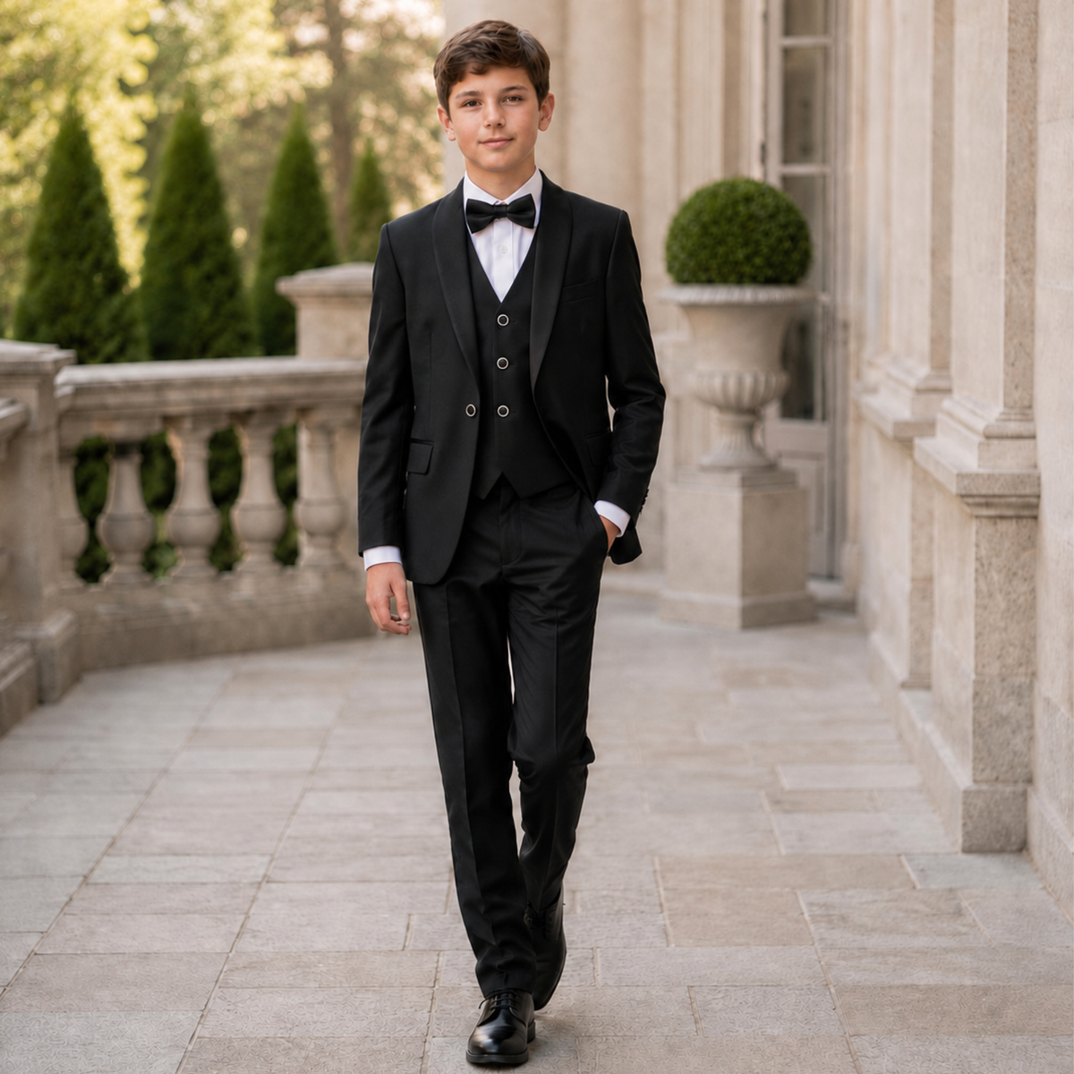 Costume garçon 5 pièces – Style smoking noir – de 1 à 14 ans