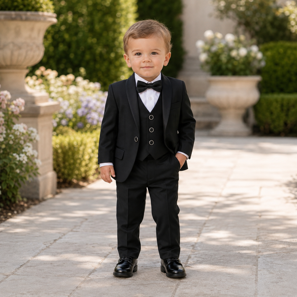 Costume garçon 5 pièces – Style smoking noir – de 1 à 14 ans