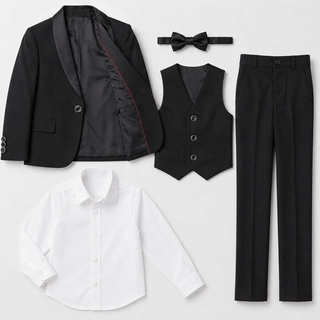 Costume garçon 5 pièces – Style smoking noir – de 1 à 14 ans