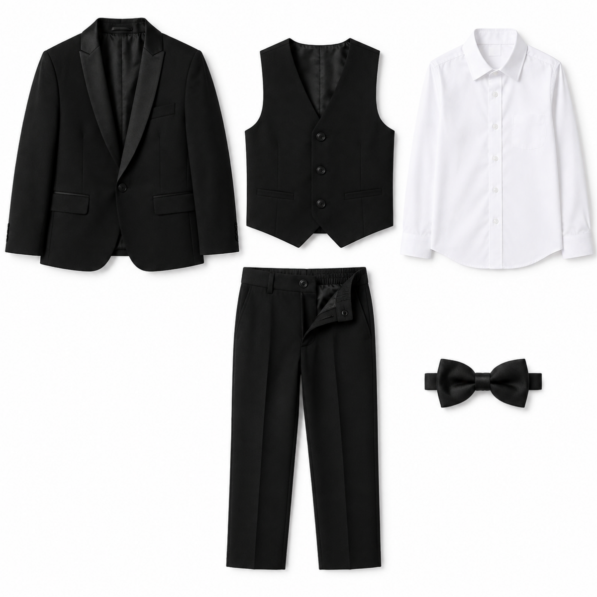 Costume garçon 5 pièces – Style smoking noir – de 1 à 14 ans