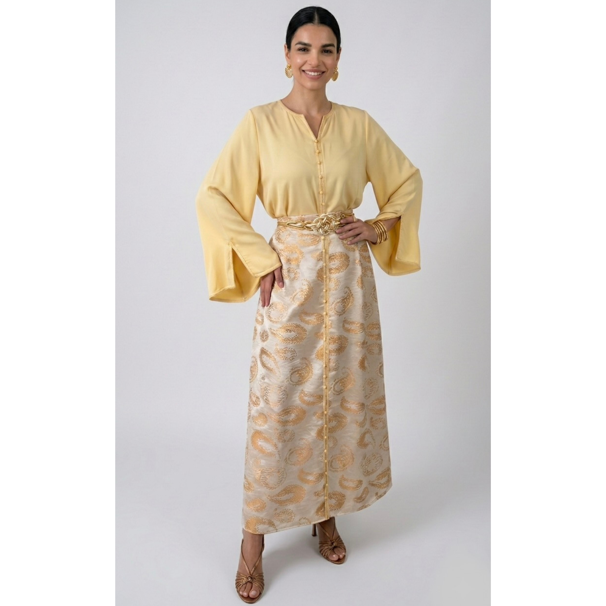 Ensemble jupe brocart jaune foncé 3 pièces