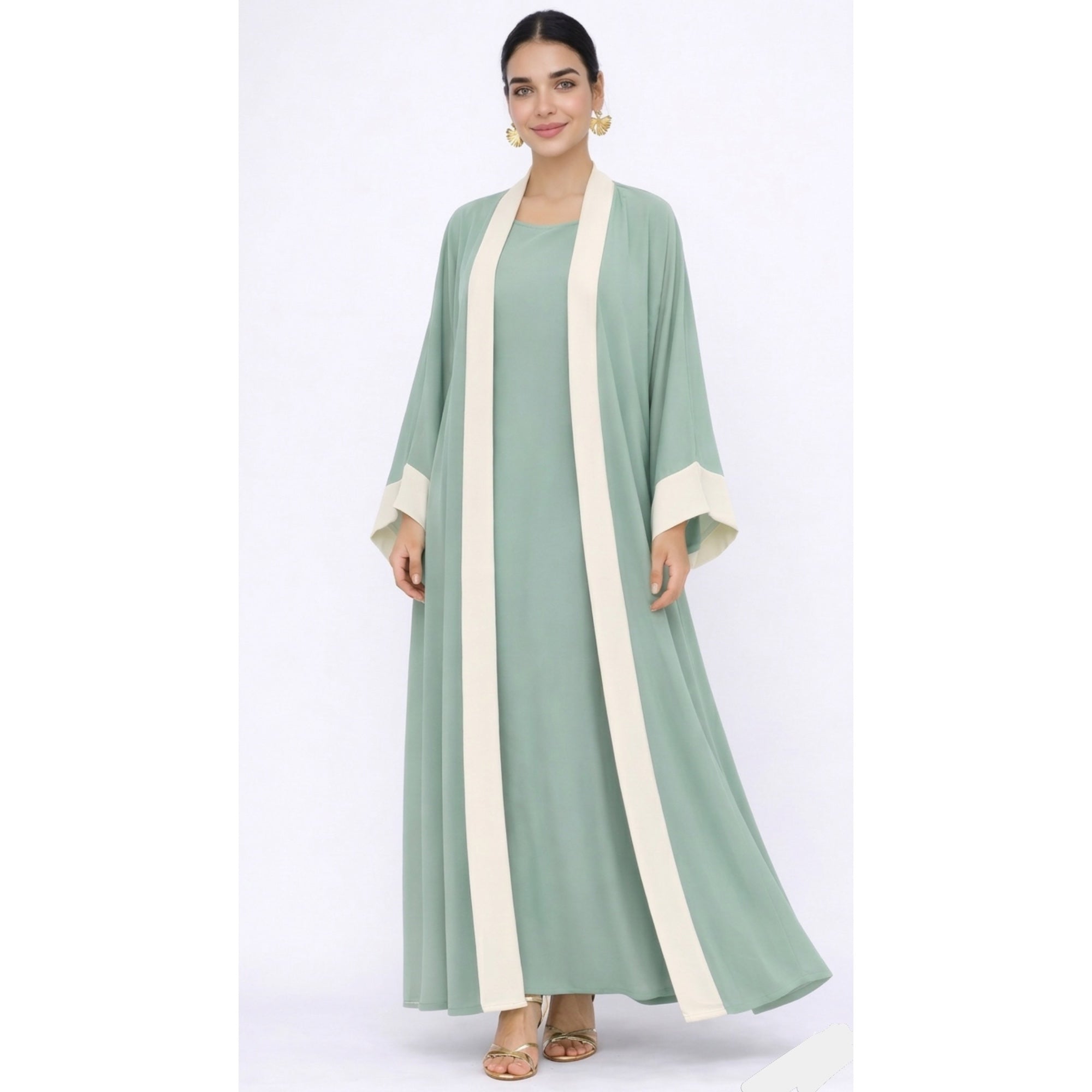 Ensemble Abaya et kimono bicolore 2 pièces vert