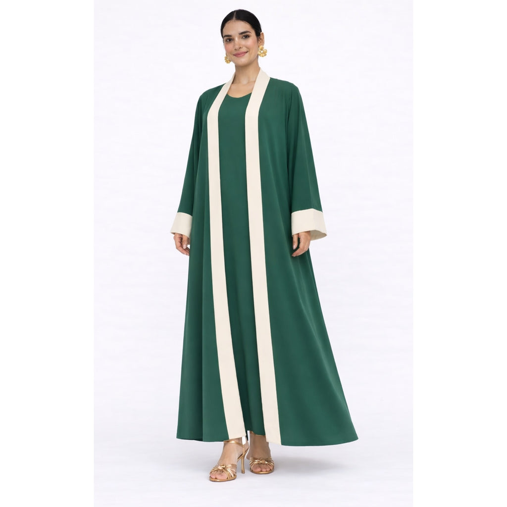 Ensemble Abaya et kimono bicolore 2 pièces vert sapin