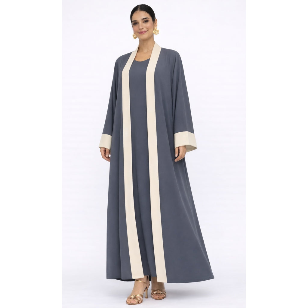 Ensemble Abaya et kimono bicolore 2 pièces gris foncé