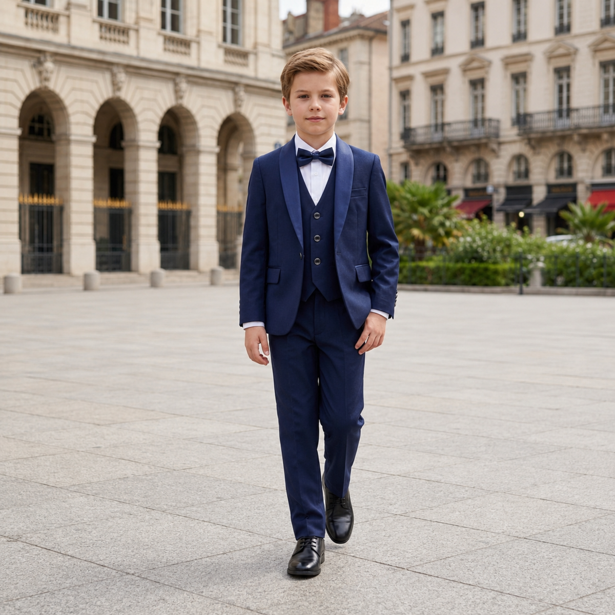 Garçon portant un costume de cérémonie bleu marine cinq pièces avec nœud papillon et chaussures noires