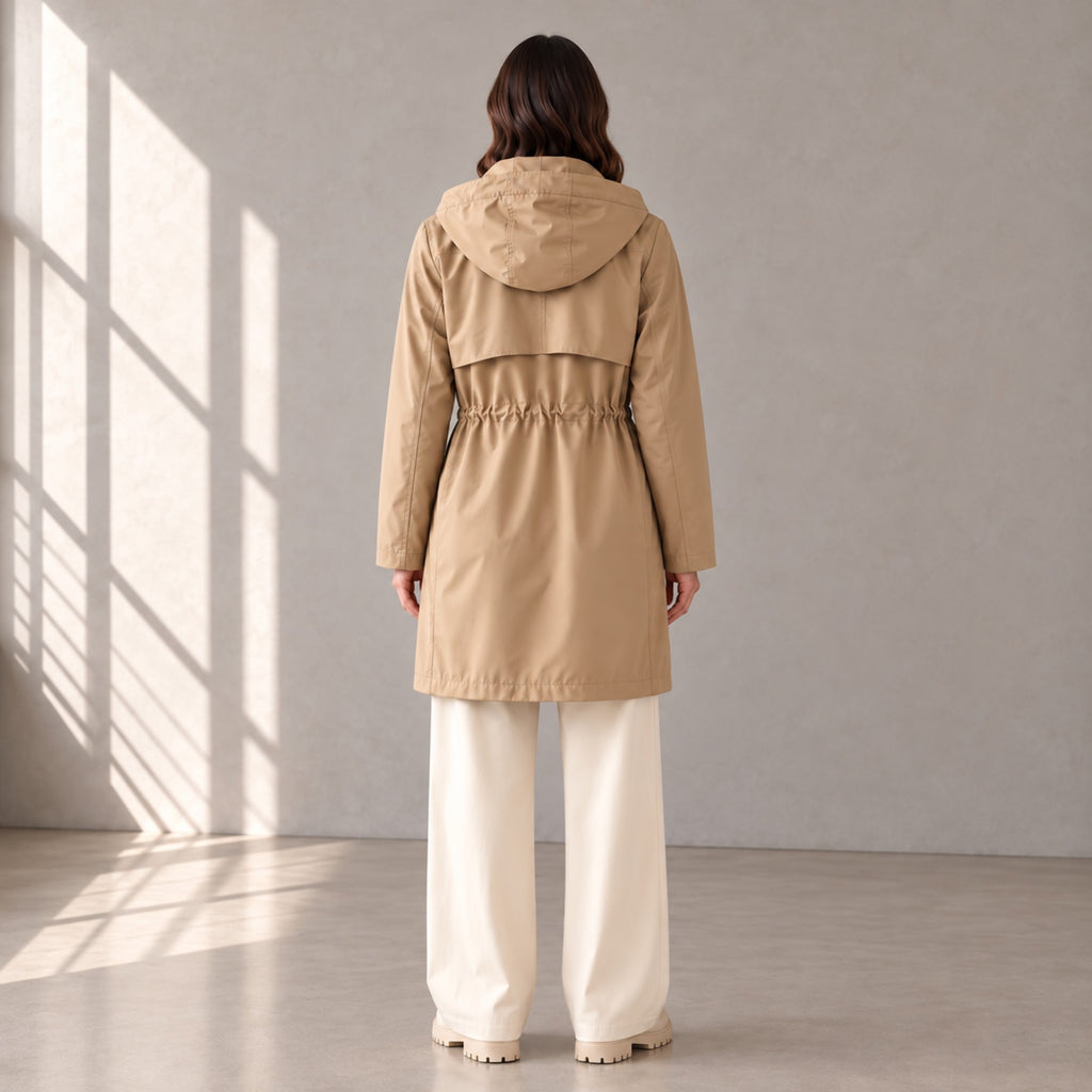Parka femme beige mi-longue à capuche portée de dos