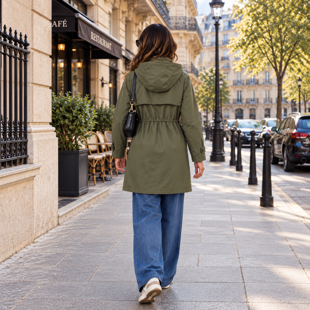 Parka femme kaki mi-longue à capuche portée de dos 