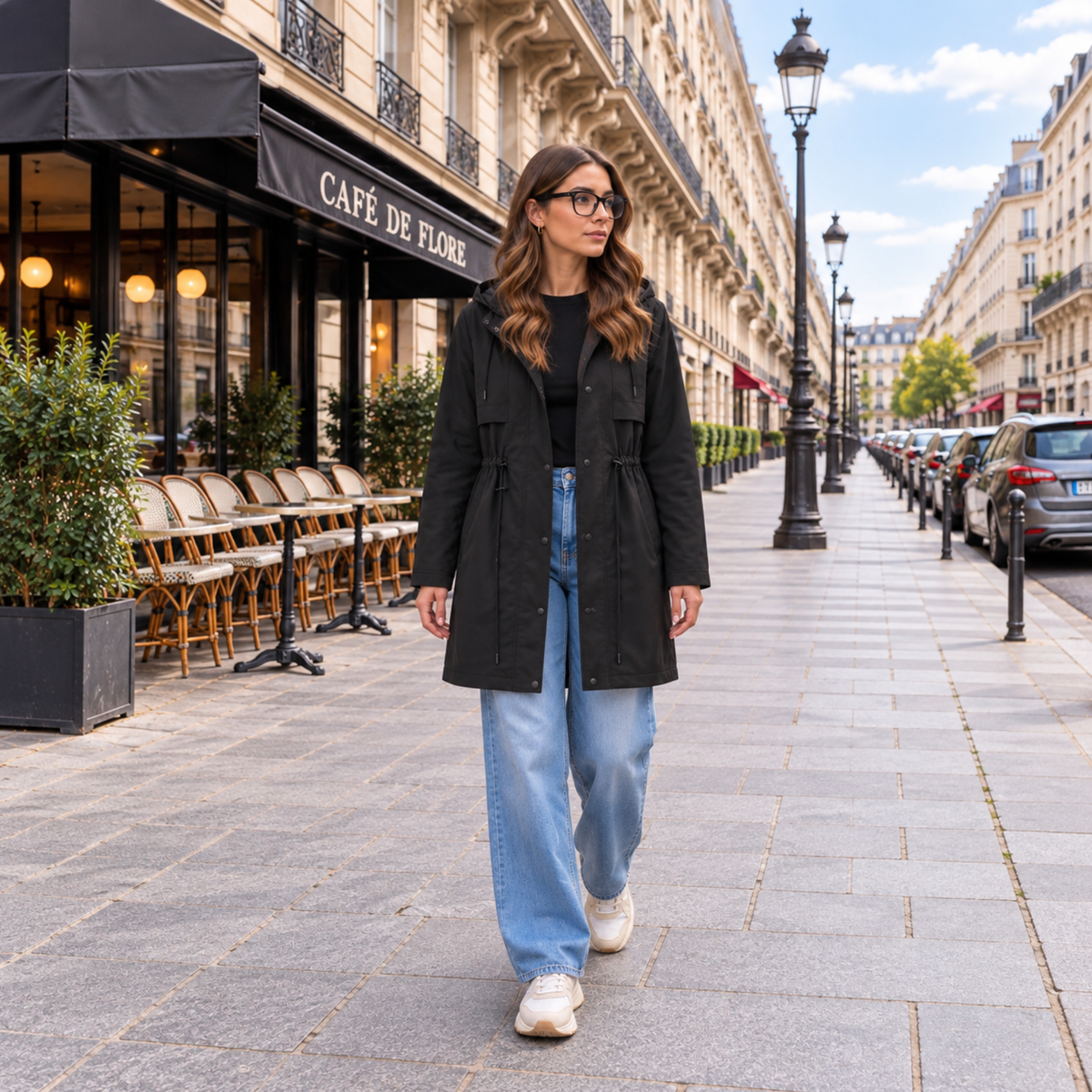 Parka femme noire mi-longue à capuche portée de face