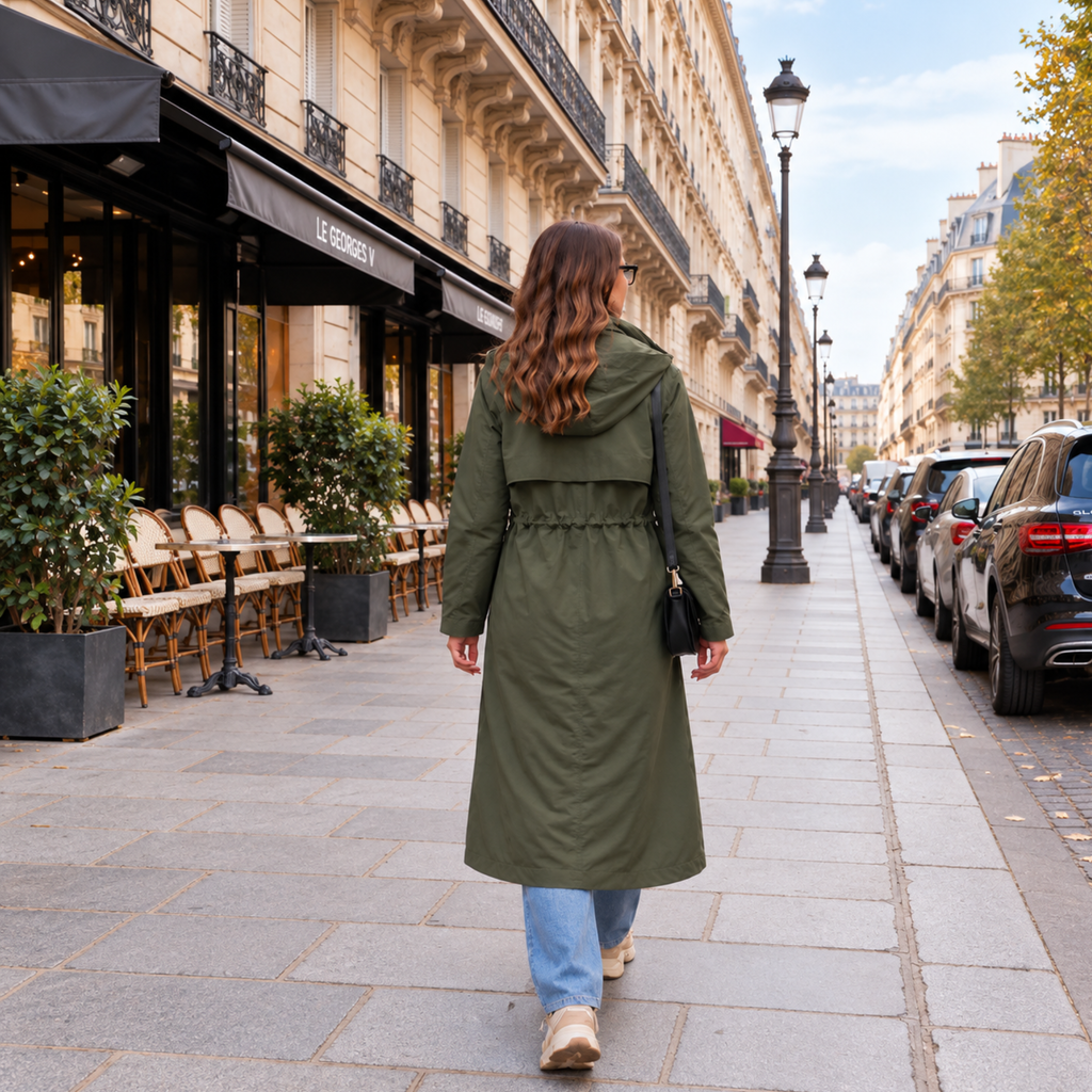 Parka longue femme kaki doublée à capuche vue de dos 
