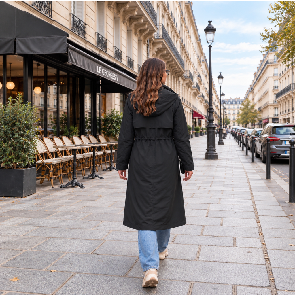 Parka longue femme noir doublée à capuche vue de dos