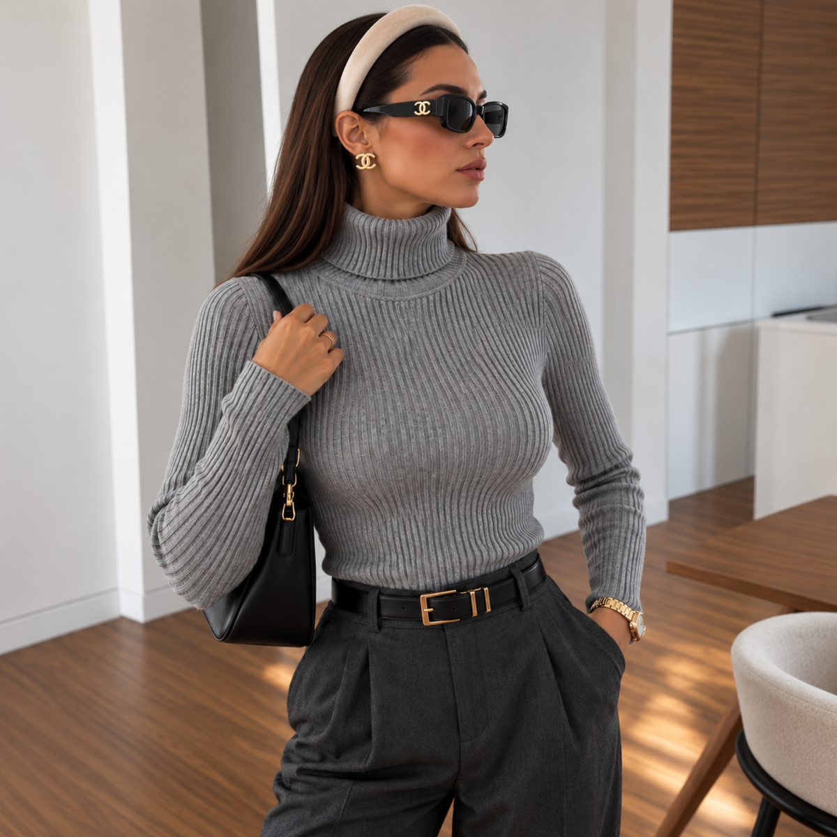 Pull col roulé côtelé femme gris, manches longues, porté avec un pantalon large – La Baraka