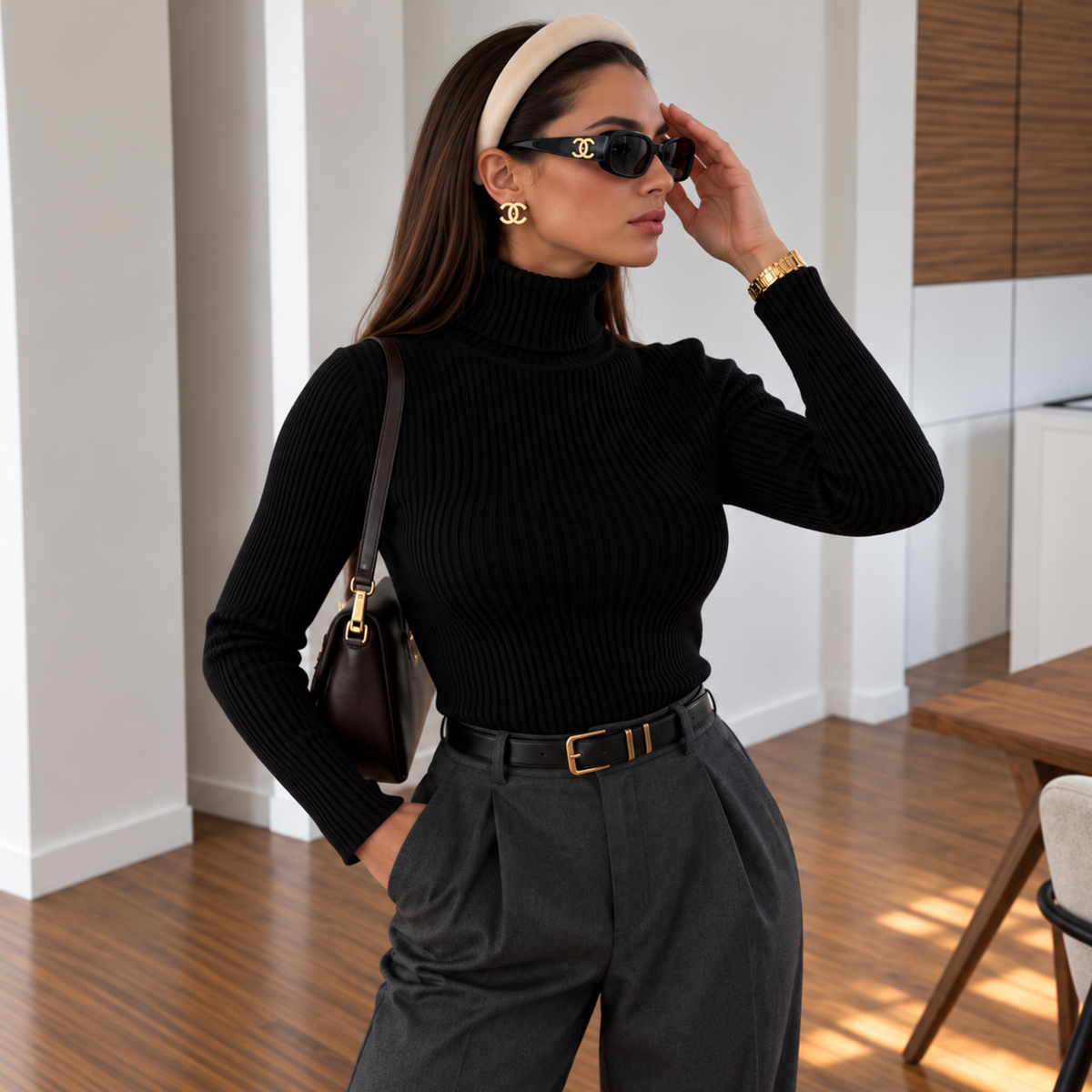 Pull col roulé côtelé femme noir, coupe ajustée et style chic automne-hiver – La Baraka