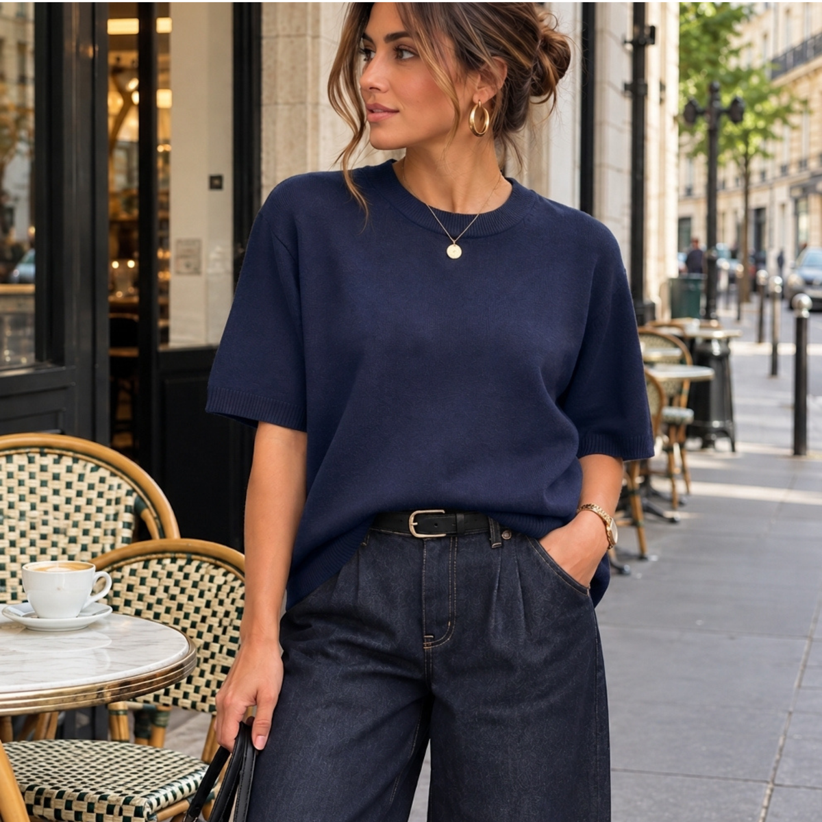 Pull femme manches courtes bleu marine porté avec jean large bleu foncé.
