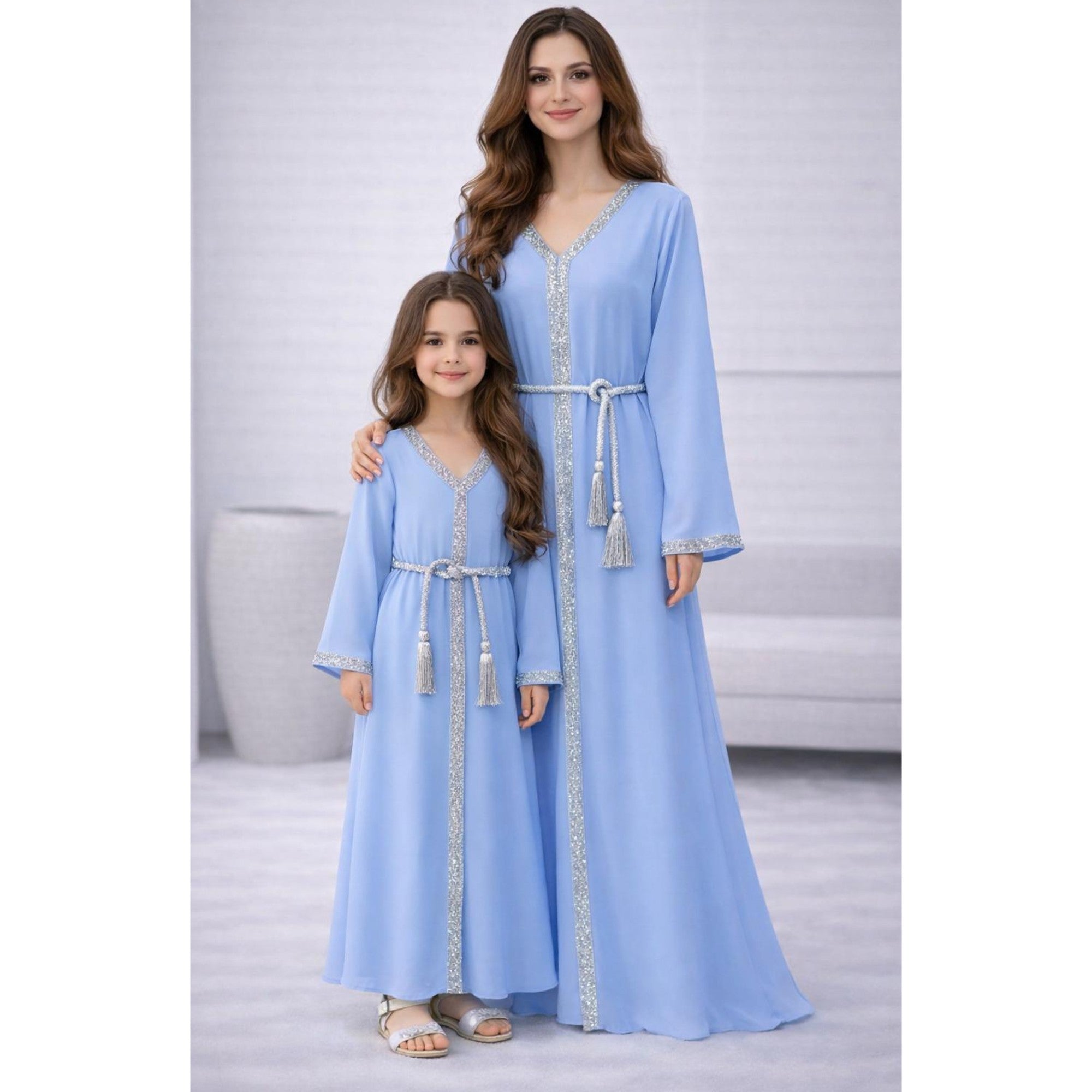 Abaya bleu liseré argenté 2 pièces – Duo Maman & Fille