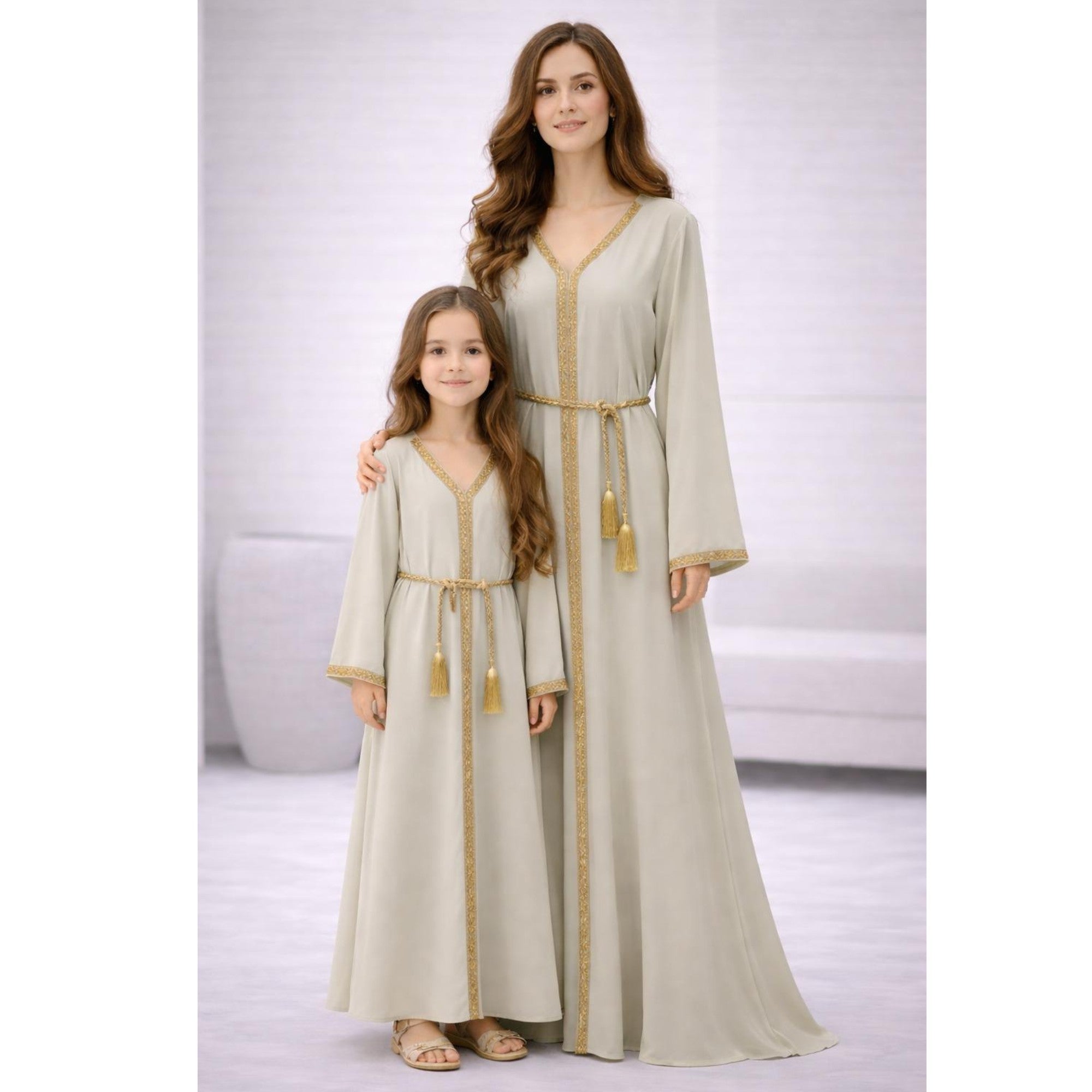 Abaya vert pastel liseré doré 2 pièces – Duo Maman & Fille