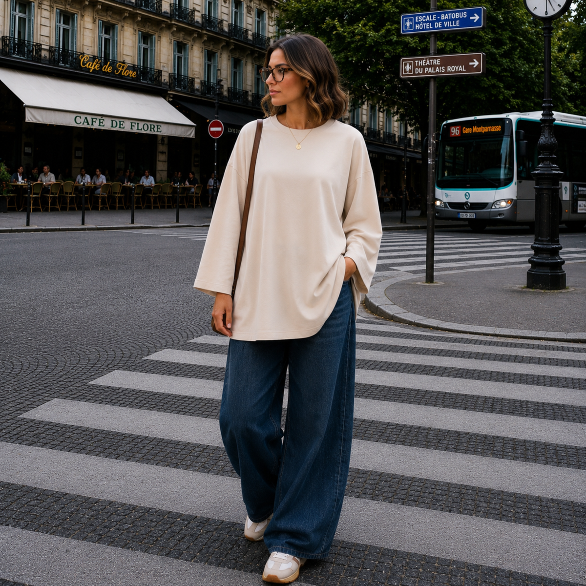 T-shirt oversize long femme beige coupe ample manches 7/8, porté avec jean 