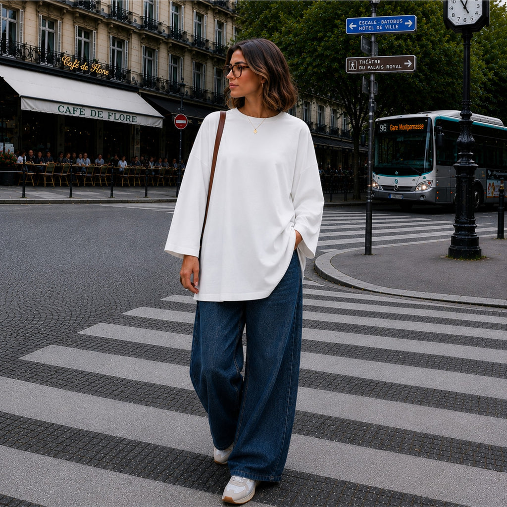 T-shirt oversize long femme blanc coupe ample manches 7/8, porté avec jean 