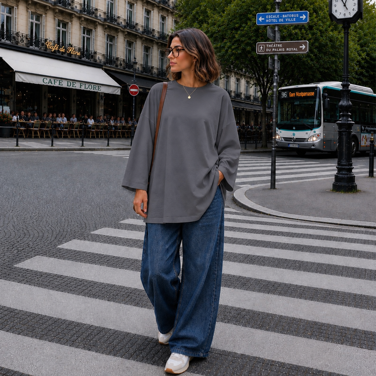T-shirt oversize long femme gris souris, coupe ample manches 7/8, porté avec jean wide leg