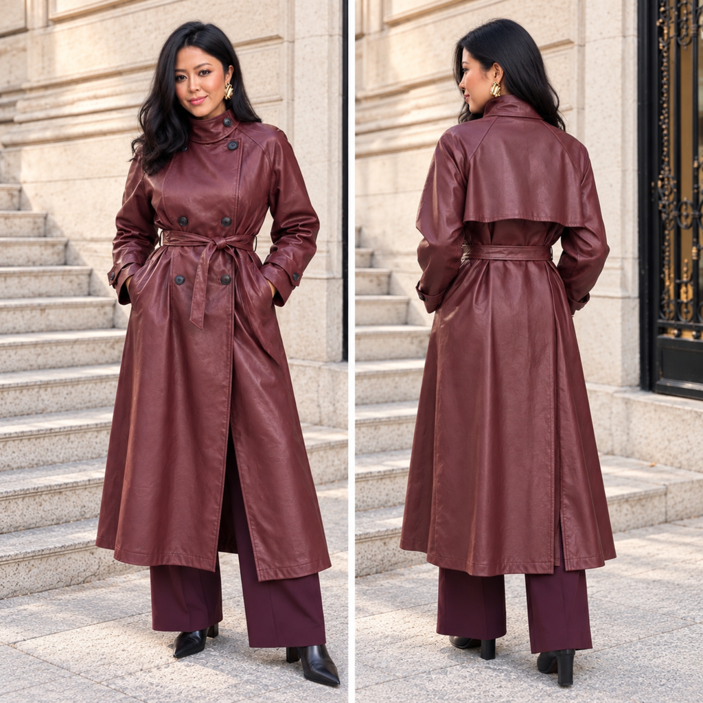 Trench long femme bordeaux 2 en 1 à col montant, effet cuir souple de belle qualité, élégant et tendance – La Baraka Tremblay-en-France;