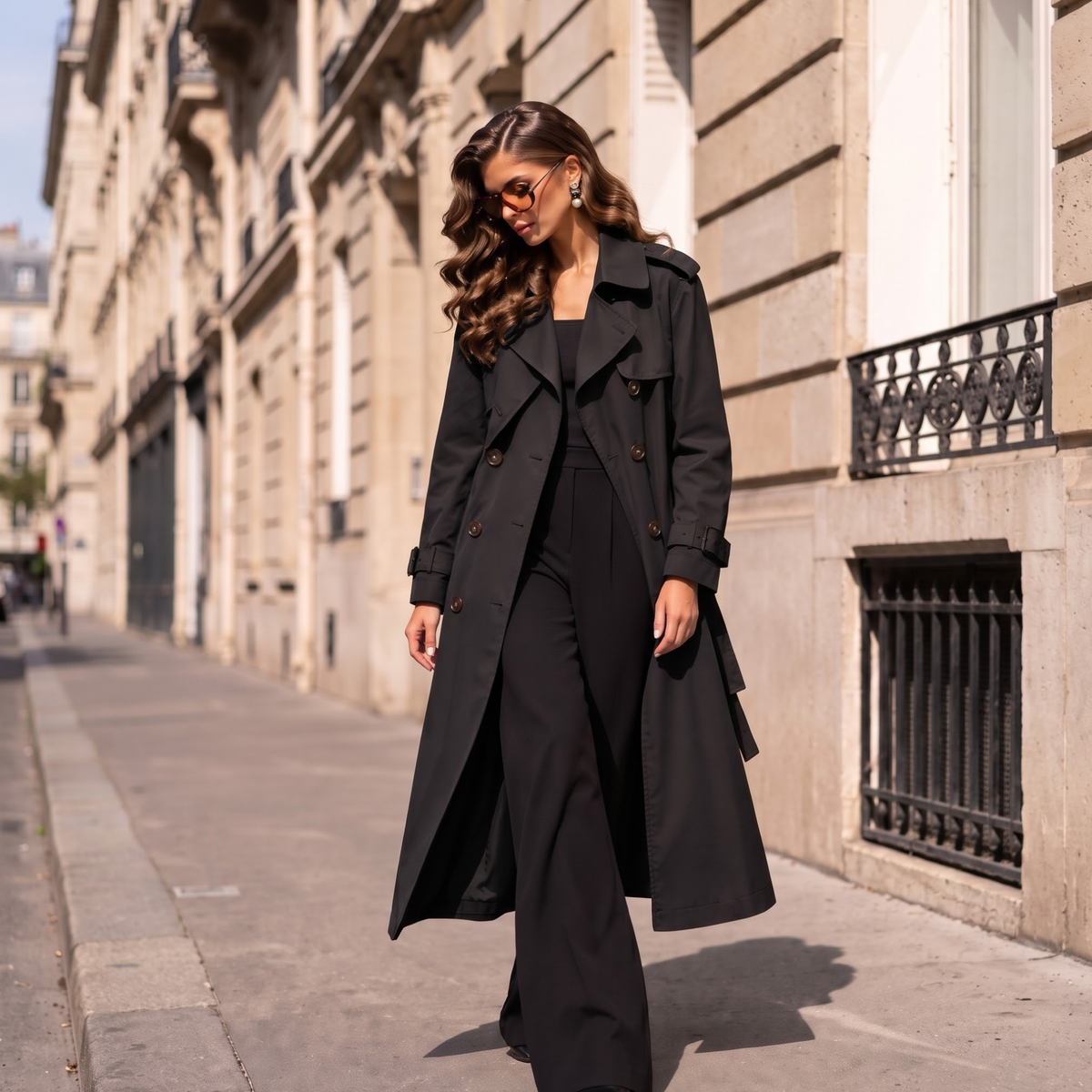 Trench long femme noir élégant à double boutonnage, coupe longue, porté par mannequin – La Baraka