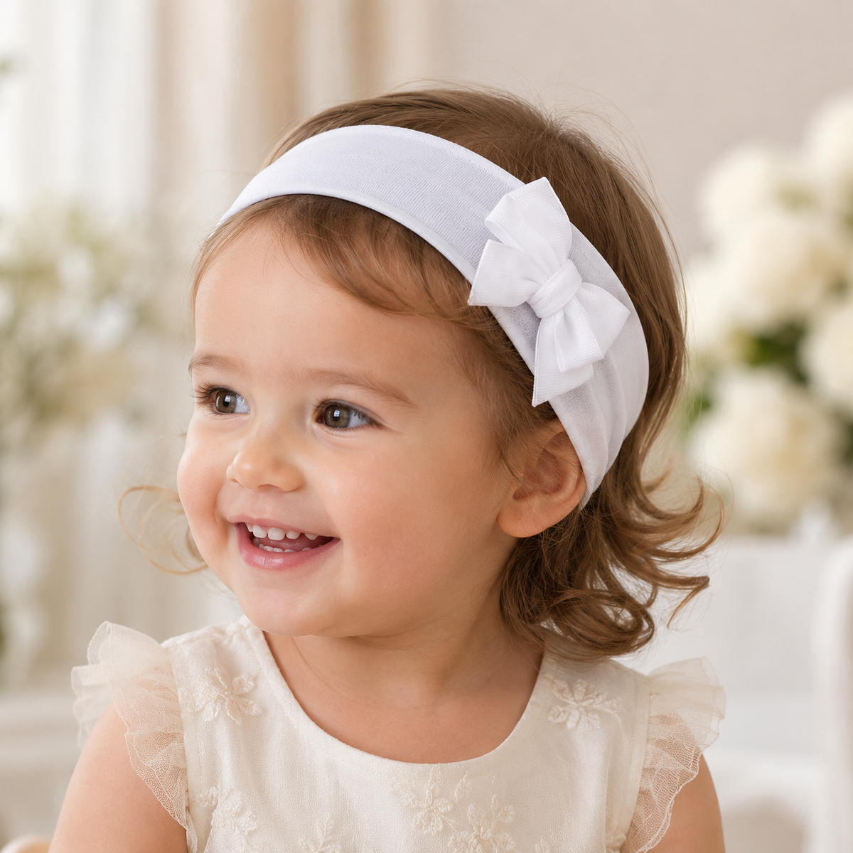 Petite fille de 2 ans portant un bandeau blanc avec nœud en ruban côtelé