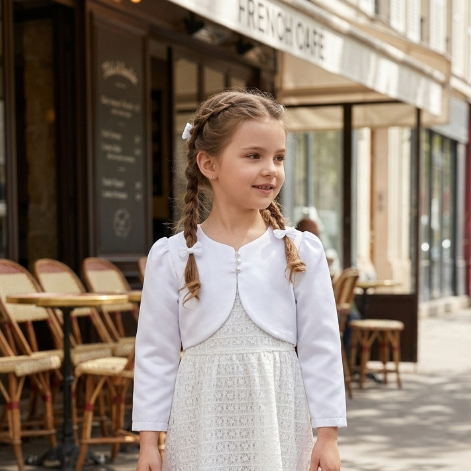Boléro blanc de cérémonie pour fille à manches longues avec trois boutons perlés