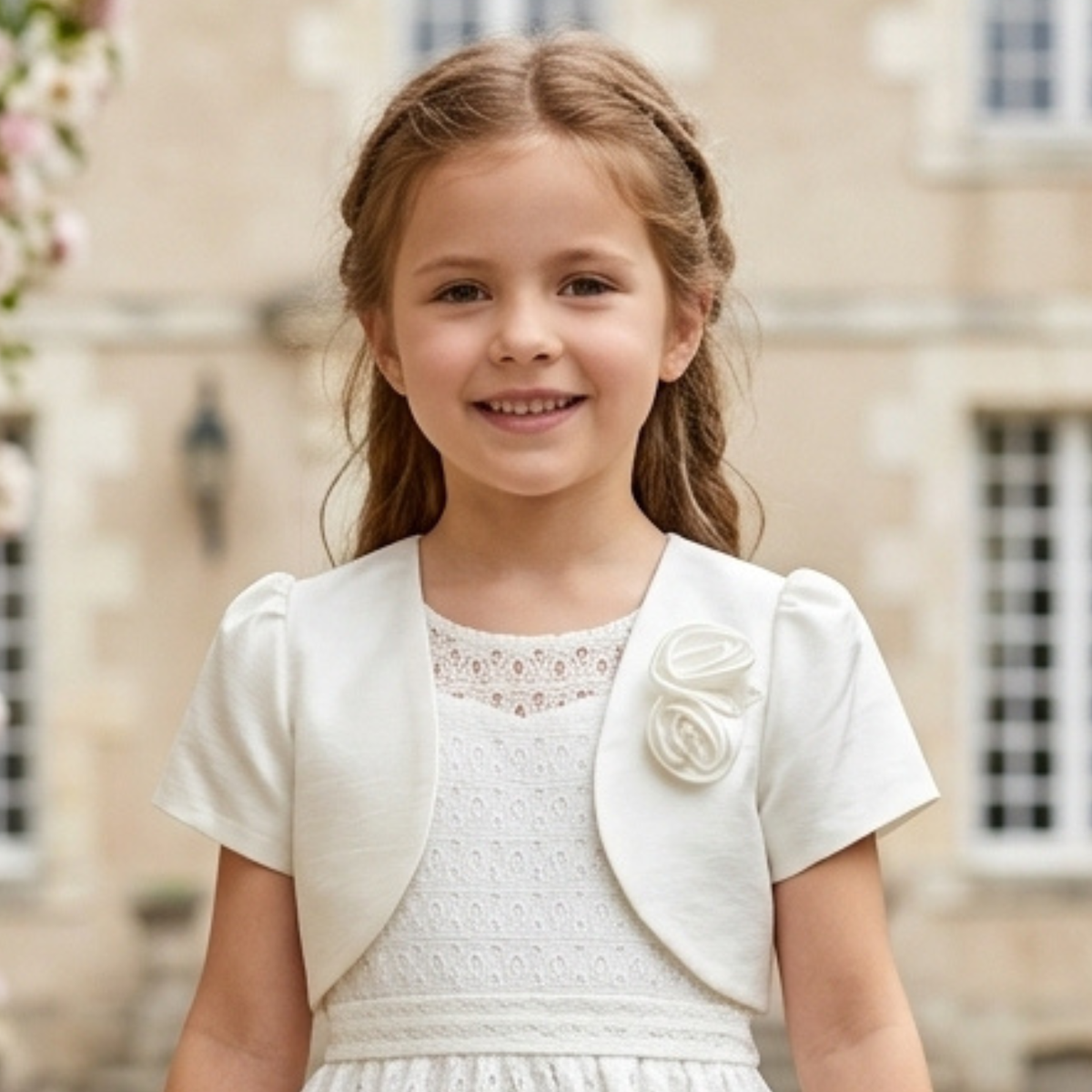 Boléro écru de cérémonie pour fille à manches courtes avec deux fleurs en tissu du 3 mois au 14 ans.