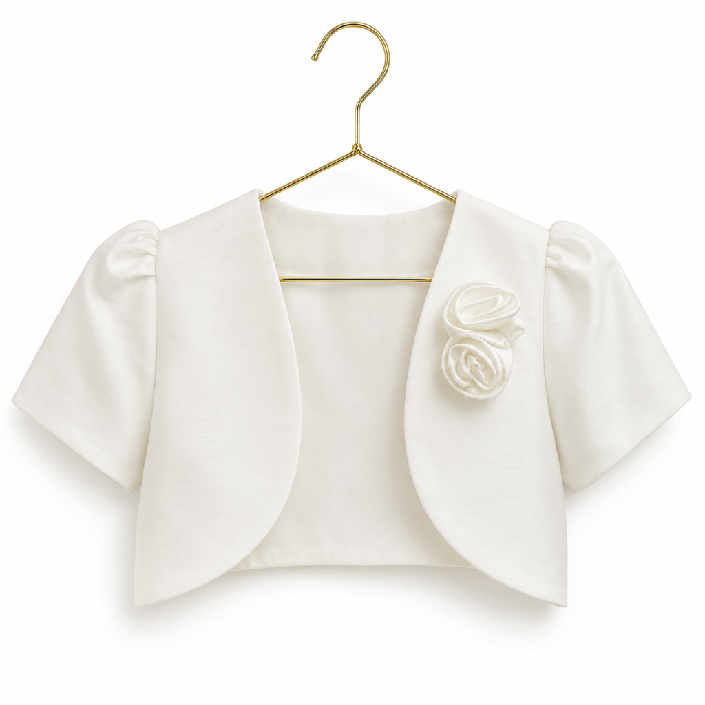 Boléro écru de cérémonie pour fille à manches courtes avec deux fleurs en tissu