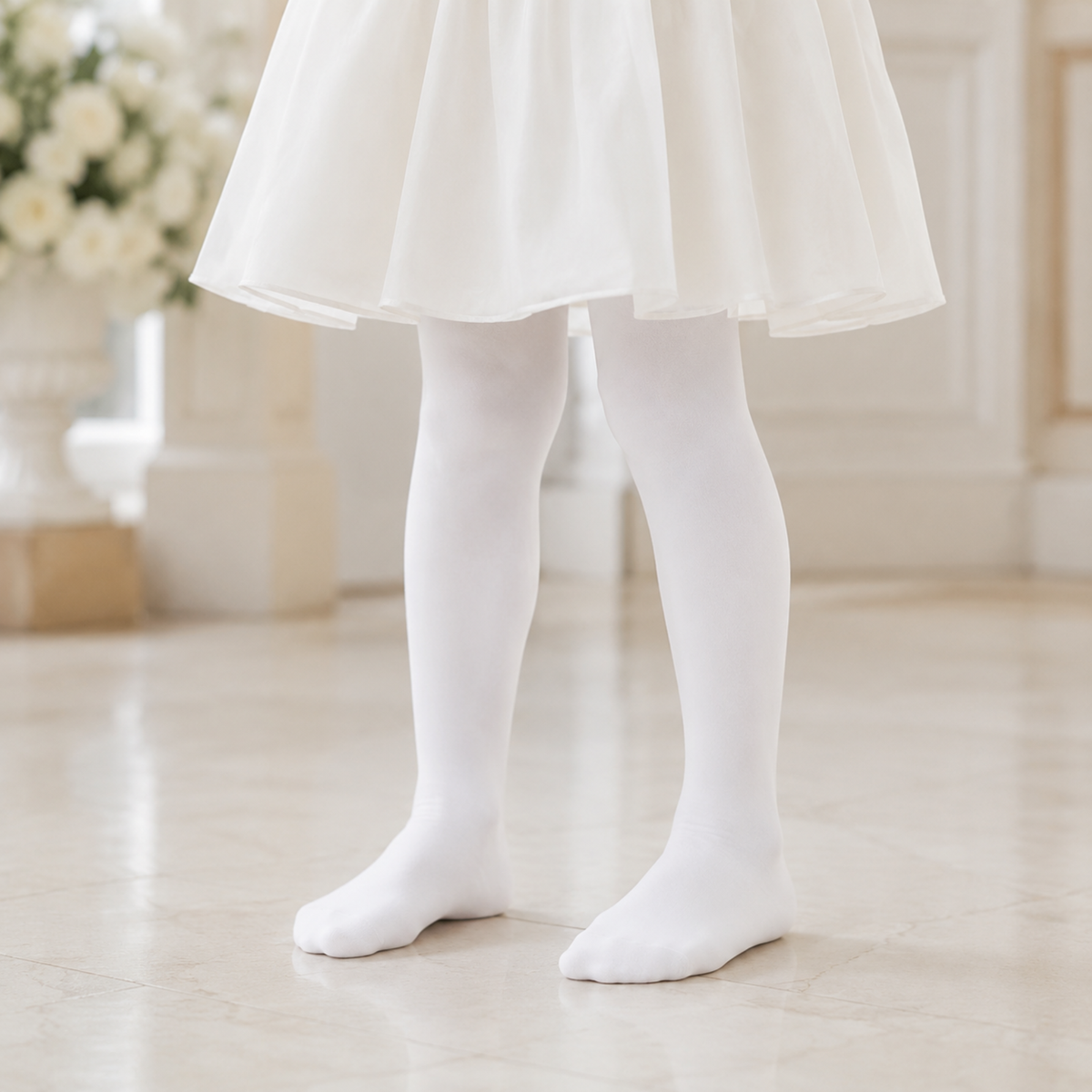 Fille portant des collants blancs fins de cérémonie sans chaussures