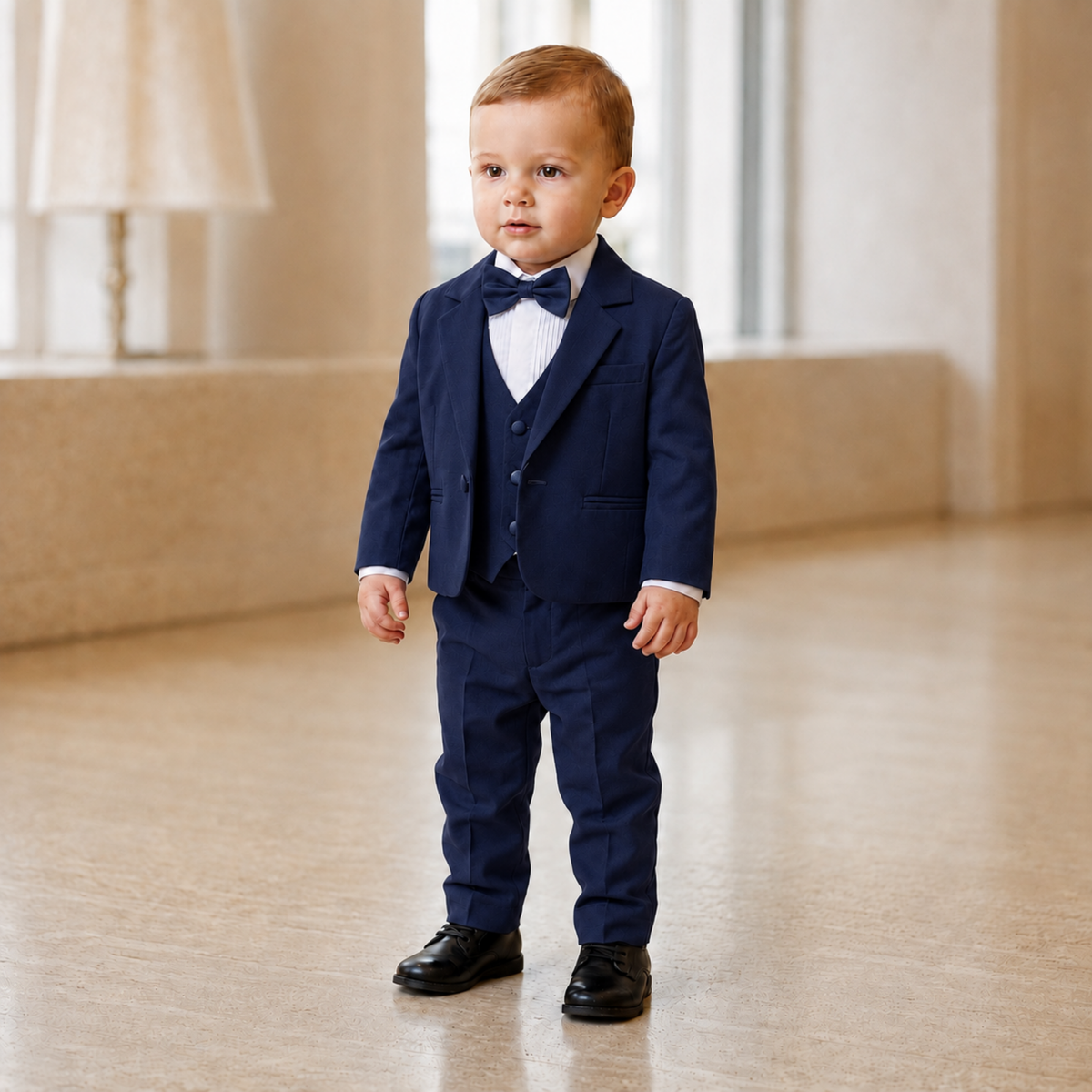 Bébé garçon portant un costume de cérémonie bleu avec gilet, nœud papillon et chemise blanche plissée