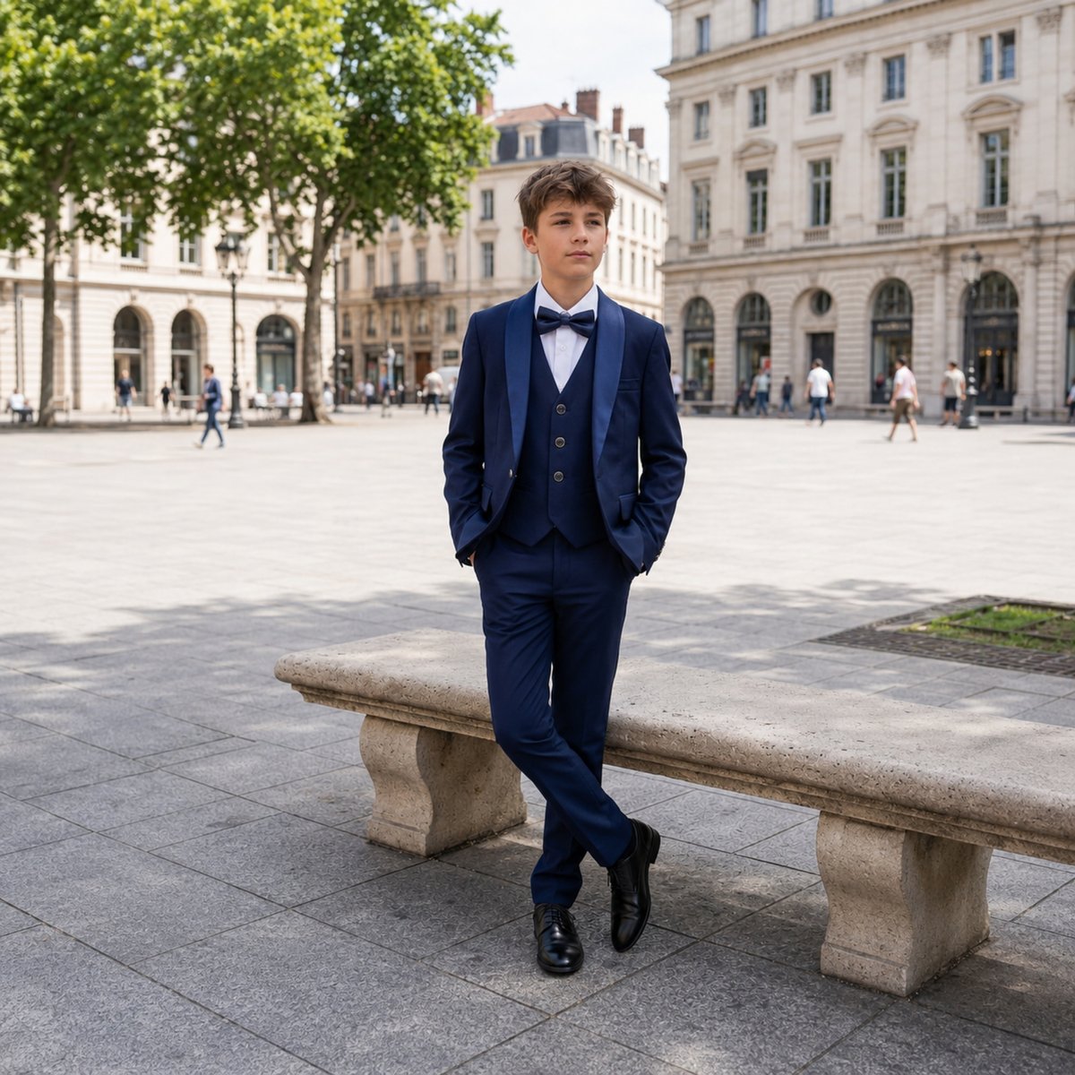 Garçon portant un costume de cérémonie bleu marine cinq pièces avec nœud papillon et chaussures noires