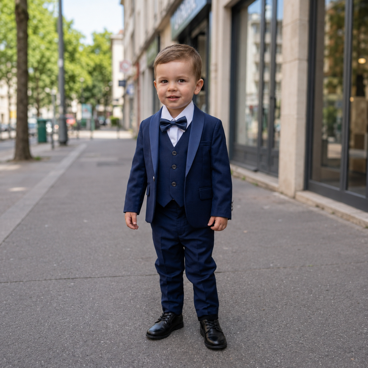 Garçon portant un costume de cérémonie bleu marine cinq pièces avec nœud papillon et chaussures noires