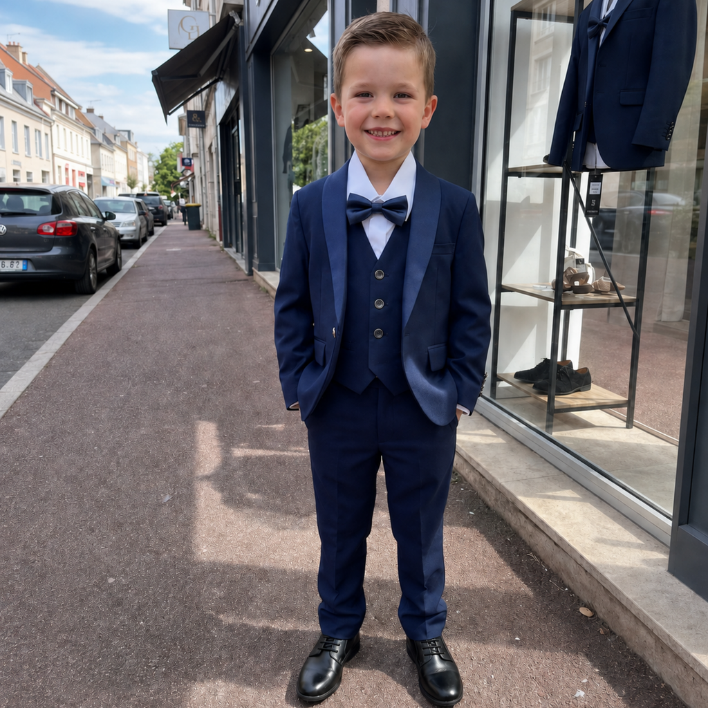 Garçon portant un costume de cérémonie bleu marine cinq pièces avec nœud papillon et chaussures noires