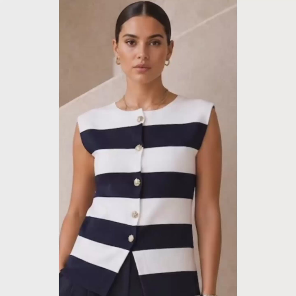 Top maille sans manches marinière – bleu marine & blanc