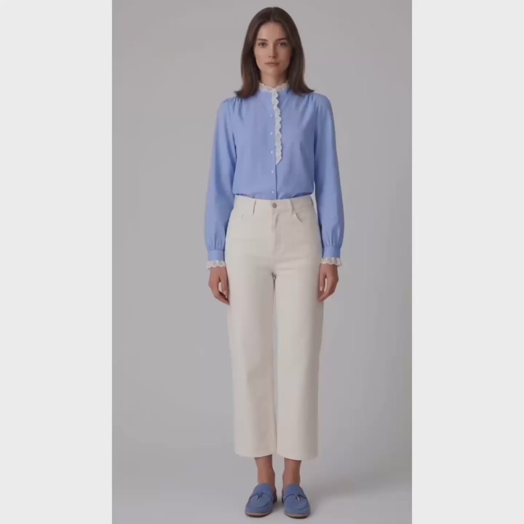 Pantalon écru coupe wide 7/8 en jean denim stretch